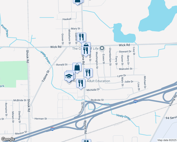 map of restaurants, bars, coffee shops, grocery stores, and more near 9460 Wyndcliffe Lane in Romulus