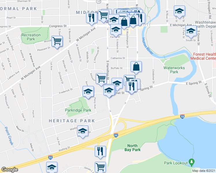 map of restaurants, bars, coffee shops, grocery stores, and more near South Hamilton Street in Ypsilanti