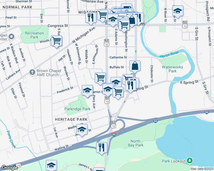 map of restaurants, bars, coffee shops, grocery stores, and more near South Hamilton Street in Ypsilanti