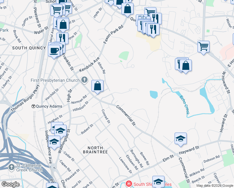 map of restaurants, bars, coffee shops, grocery stores, and more near 57 Viden Road in Quincy