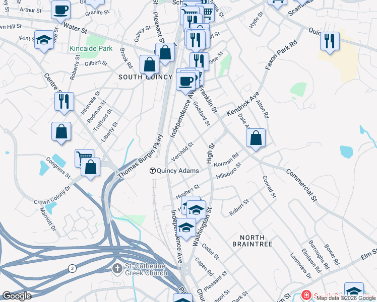 map of restaurants, bars, coffee shops, grocery stores, and more near 82 Verchild Street in Quincy