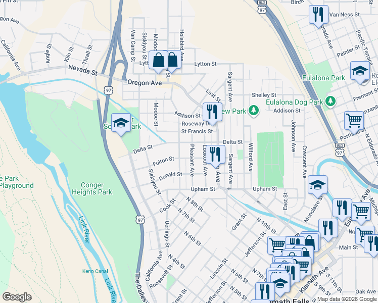 map of restaurants, bars, coffee shops, grocery stores, and more near 703 Fulton Street in Klamath Falls