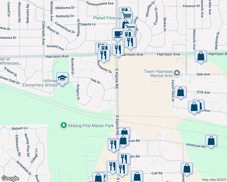 map of restaurants, bars, coffee shops, grocery stores, and more near 4471 Carthage Drive in Rockford