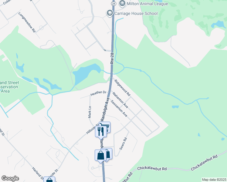 map of restaurants, bars, coffee shops, grocery stores, and more near 954 Massachusetts 28 in Milton