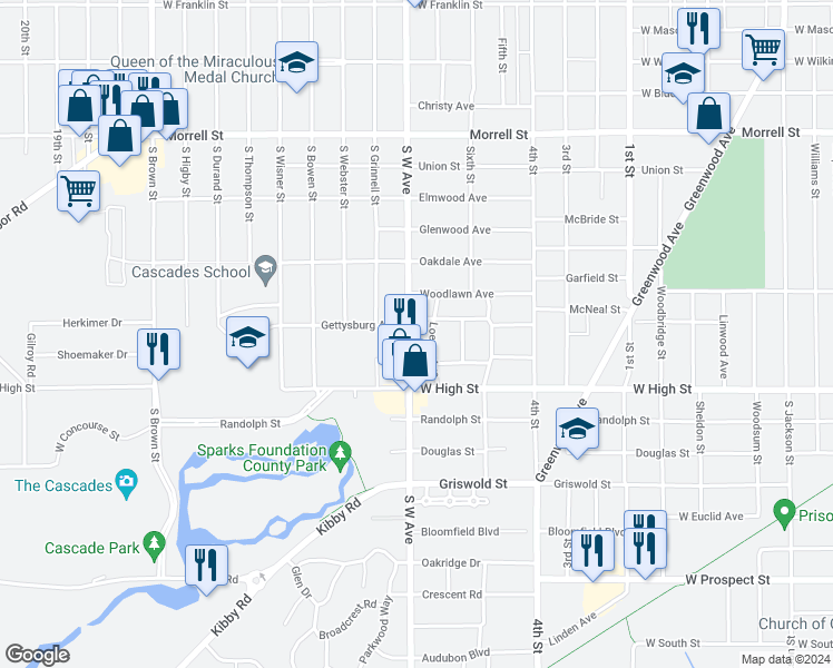 map of restaurants, bars, coffee shops, grocery stores, and more near 1209 South West Avenue in Jackson