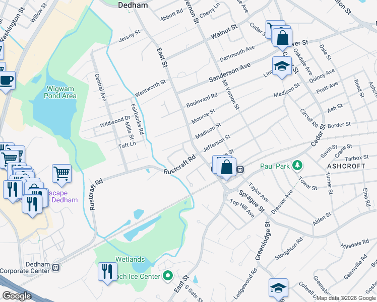map of restaurants, bars, coffee shops, grocery stores, and more near 23 Ford Street in Dedham