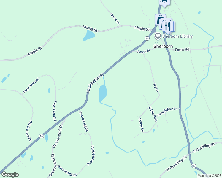 map of restaurants, bars, coffee shops, grocery stores, and more near 75 Washington Street in Sherborn
