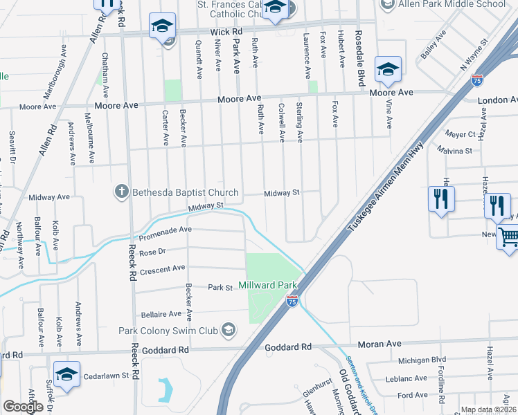 map of restaurants, bars, coffee shops, grocery stores, and more near 10039 Park Avenue in Allen Park