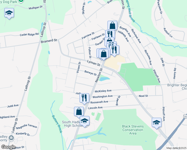 map of restaurants, bars, coffee shops, grocery stores, and more near 8 Berwyn Street in South Hadley