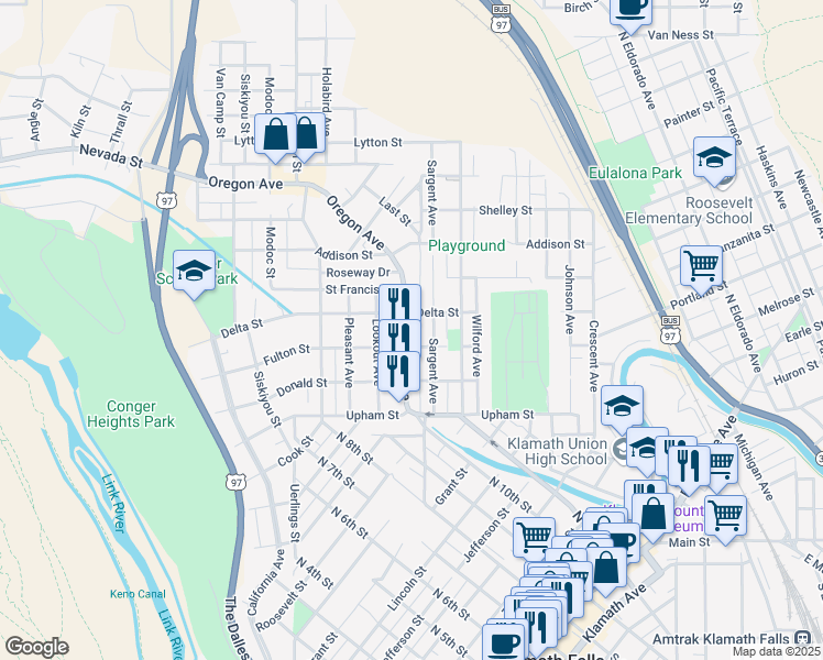 map of restaurants, bars, coffee shops, grocery stores, and more near 1527 Oregon Avenue in Klamath Falls