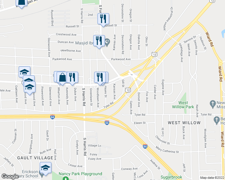 map of restaurants, bars, coffee shops, grocery stores, and more near 570 Kansas Avenue in Ypsilanti