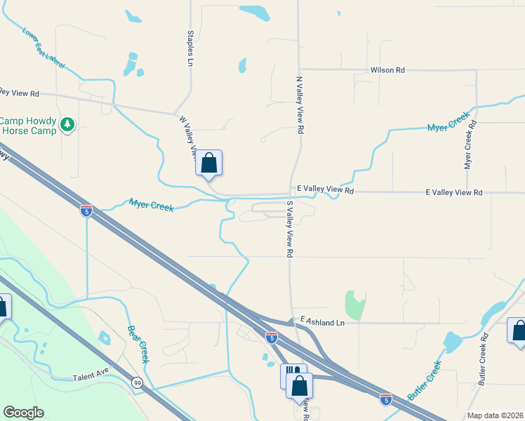 map of restaurants, bars, coffee shops, grocery stores, and more near 939 South Valley View Road in Ashland