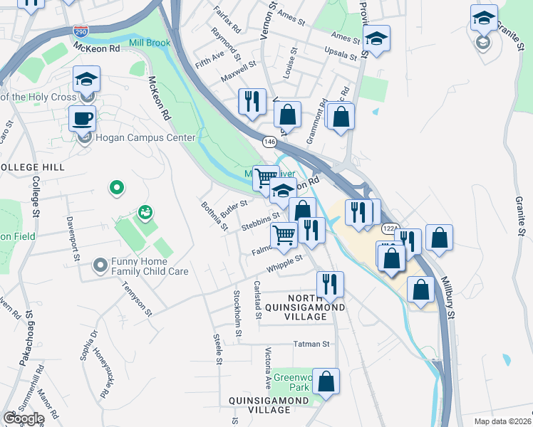 map of restaurants, bars, coffee shops, grocery stores, and more near 19 Stebbins Street in Worcester
