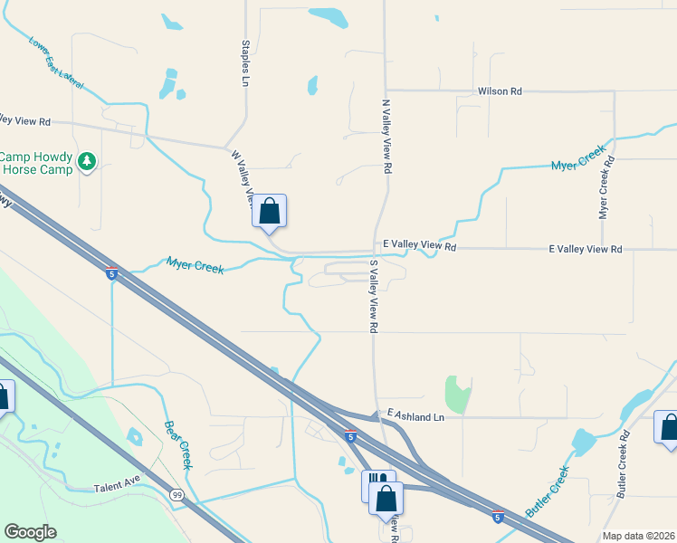 map of restaurants, bars, coffee shops, grocery stores, and more near 939 South Valley View Road in Ashland