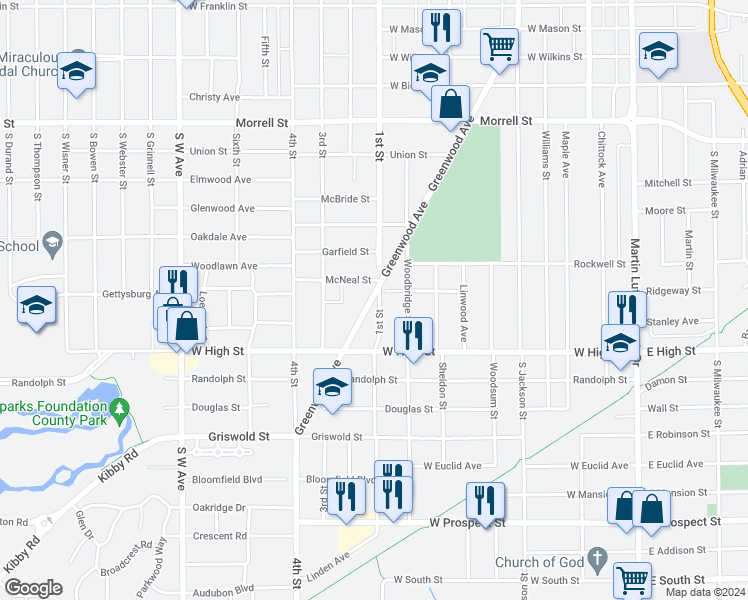 map of restaurants, bars, coffee shops, grocery stores, and more near 1203 Greenwood Avenue in Jackson