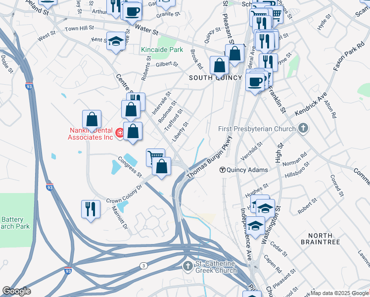 map of restaurants, bars, coffee shops, grocery stores, and more near 114 Columbia Street in Quincy