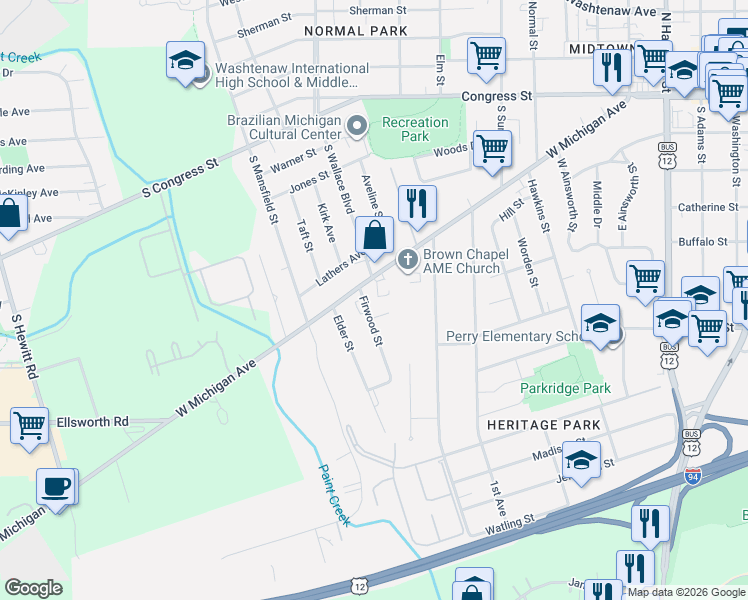 map of restaurants, bars, coffee shops, grocery stores, and more near 1149 Hazel Court in Ypsilanti