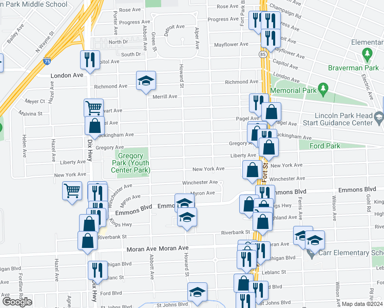 map of restaurants, bars, coffee shops, grocery stores, and more near 1570 Liberty Avenue in Lincoln Park