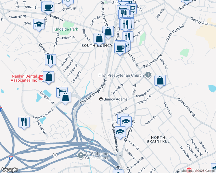 map of restaurants, bars, coffee shops, grocery stores, and more near 107 Verchild Street in Quincy