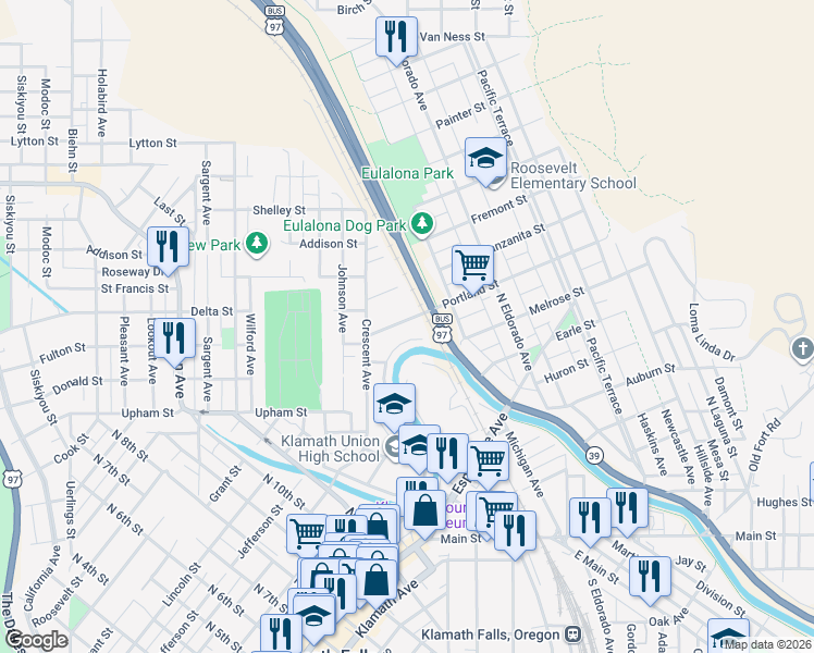 map of restaurants, bars, coffee shops, grocery stores, and more near 965 North Alameda Avenue in Klamath Falls