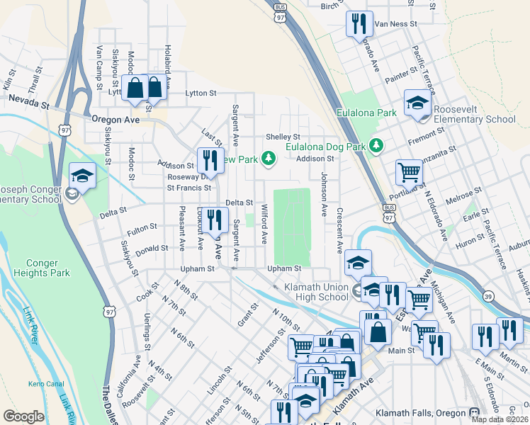 map of restaurants, bars, coffee shops, grocery stores, and more near 1503 Worden Avenue in Klamath Falls