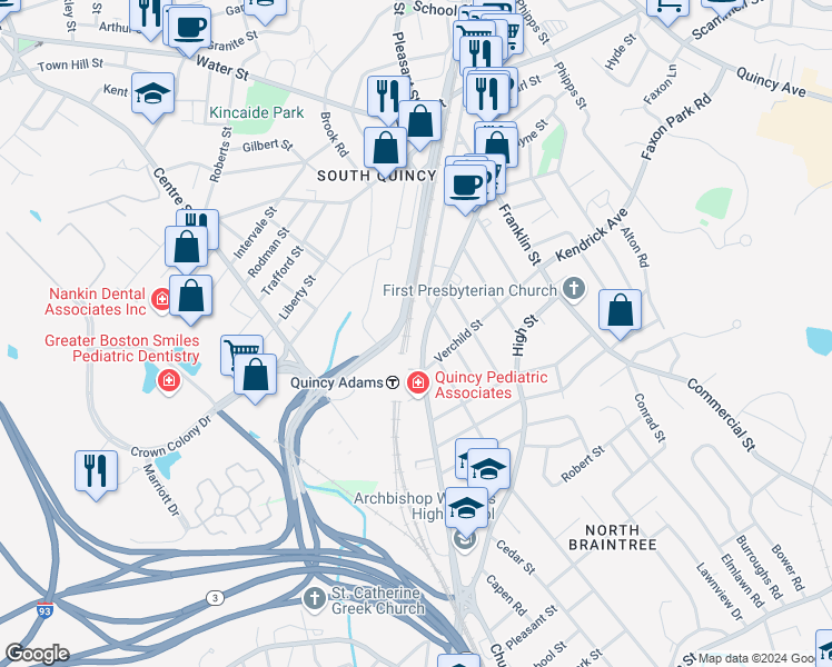 map of restaurants, bars, coffee shops, grocery stores, and more near 172 Penn Street in Quincy