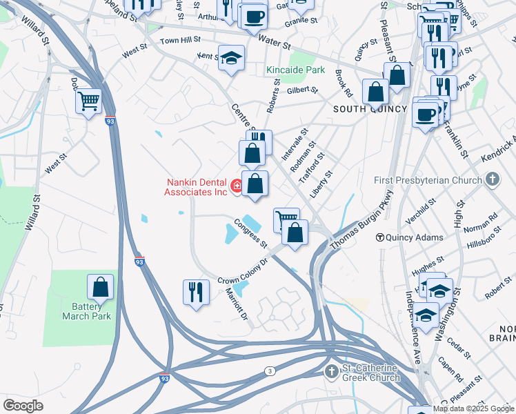 map of restaurants, bars, coffee shops, grocery stores, and more near 100 Congress Street in Quincy