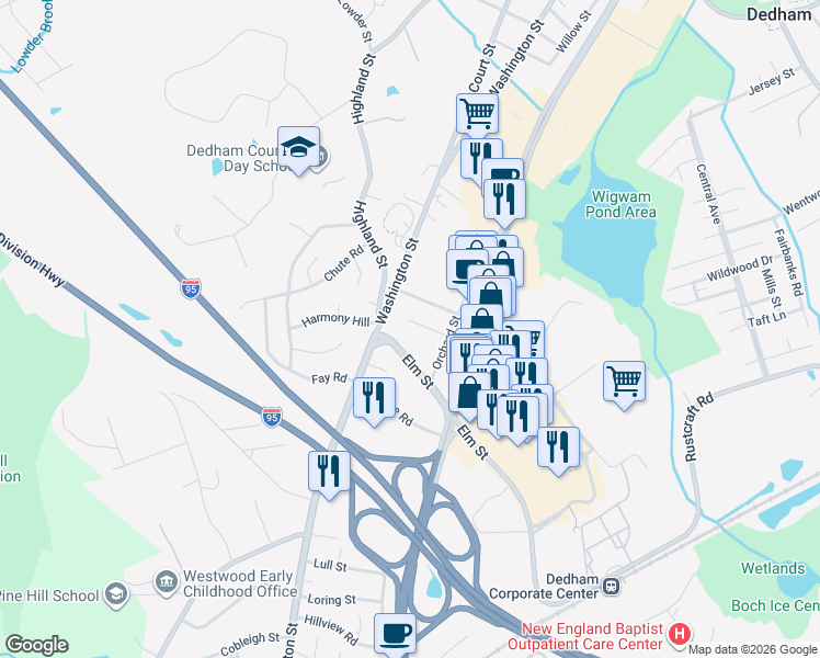map of restaurants, bars, coffee shops, grocery stores, and more near 24 Elm Street in Dedham