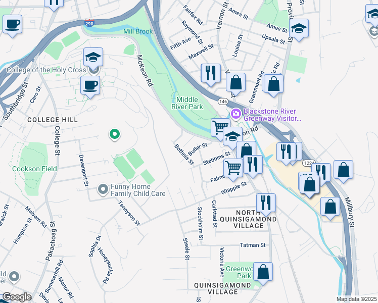 map of restaurants, bars, coffee shops, grocery stores, and more near 62 Butler Street in Worcester