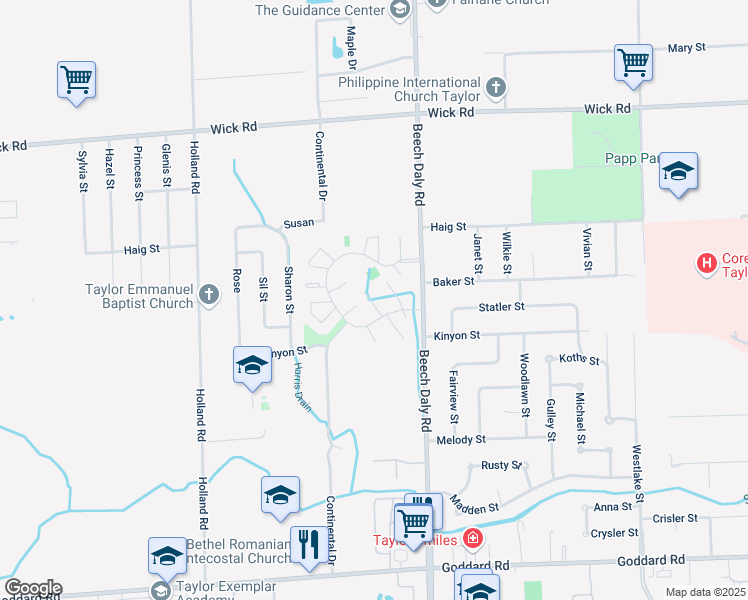 map of restaurants, bars, coffee shops, grocery stores, and more near 25915 Continental Circle in Taylor