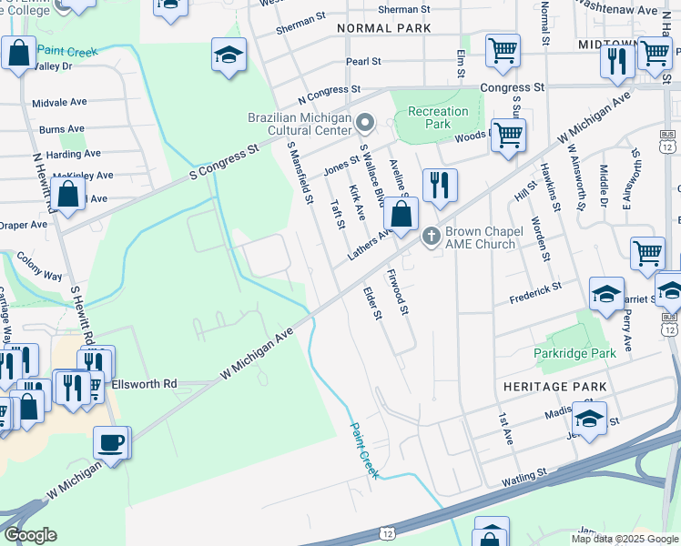 map of restaurants, bars, coffee shops, grocery stores, and more near in Ypsilanti Charter Township