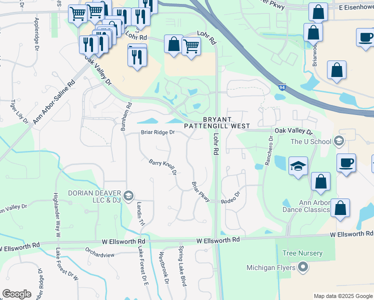 map of restaurants, bars, coffee shops, grocery stores, and more near 3653 Briar Parkway in Ann Arbor