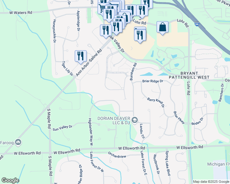 map of restaurants, bars, coffee shops, grocery stores, and more near 3628 Meadow Grove Trail in Ann Arbor