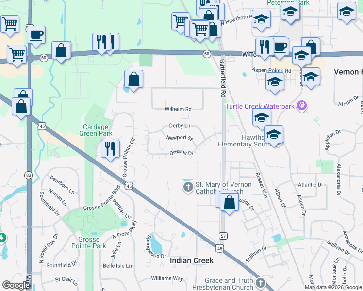 map of restaurants, bars, coffee shops, grocery stores, and more near 1347 Orleans Drive in Mundelein