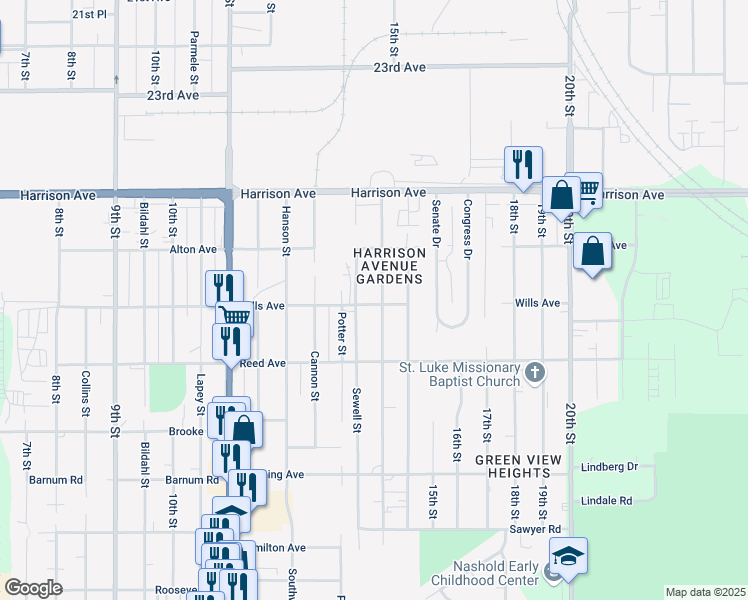 map of restaurants, bars, coffee shops, grocery stores, and more near 2806 Marshall Street in Rockford