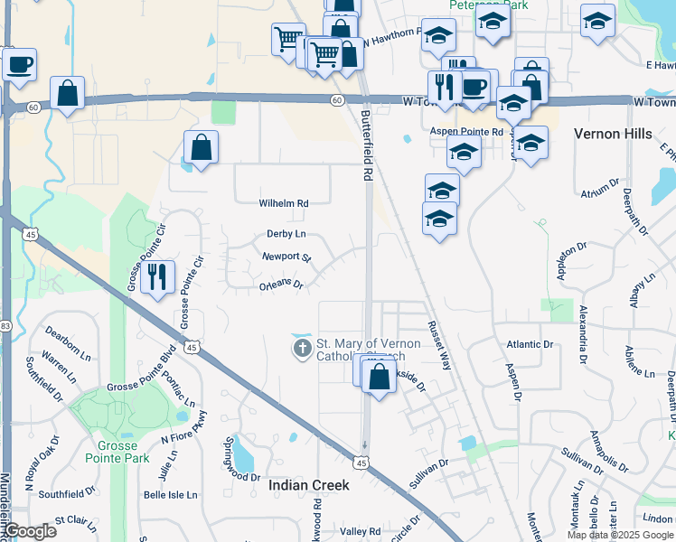 map of restaurants, bars, coffee shops, grocery stores, and more near 1435 Orleans Drive in Mundelein