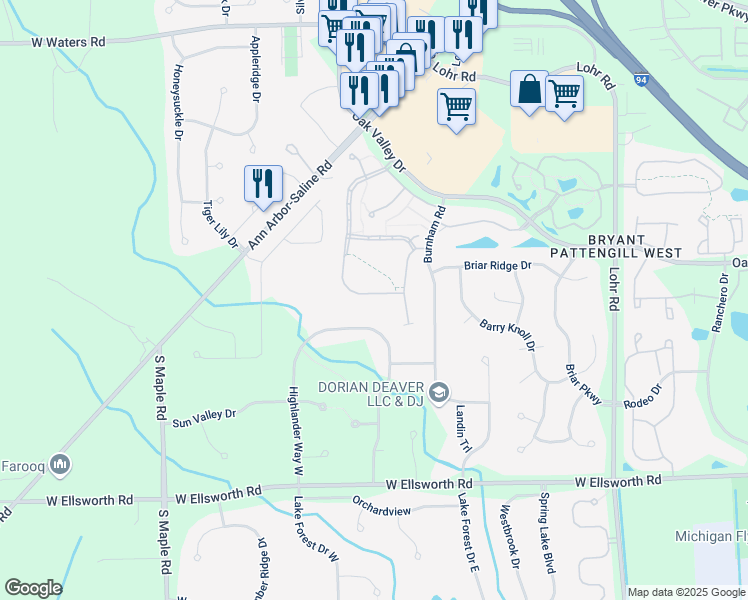 map of restaurants, bars, coffee shops, grocery stores, and more near 3628 Meadow Grove Trail in Ann Arbor