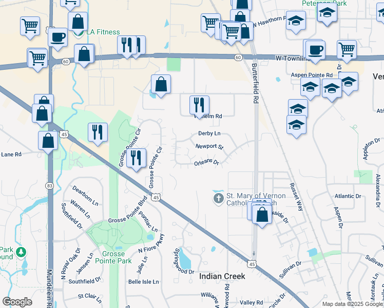 map of restaurants, bars, coffee shops, grocery stores, and more near 1281 Orleans Drive in Mundelein