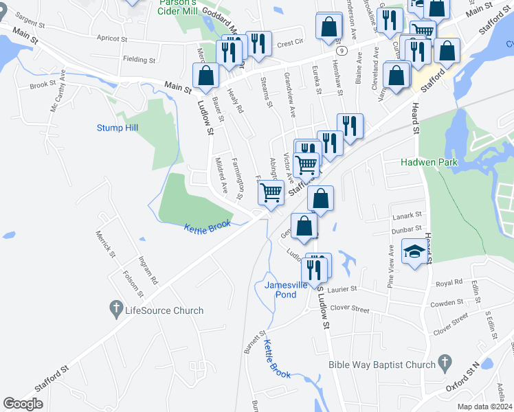 map of restaurants, bars, coffee shops, grocery stores, and more near 220 Stafford Street in Worcester