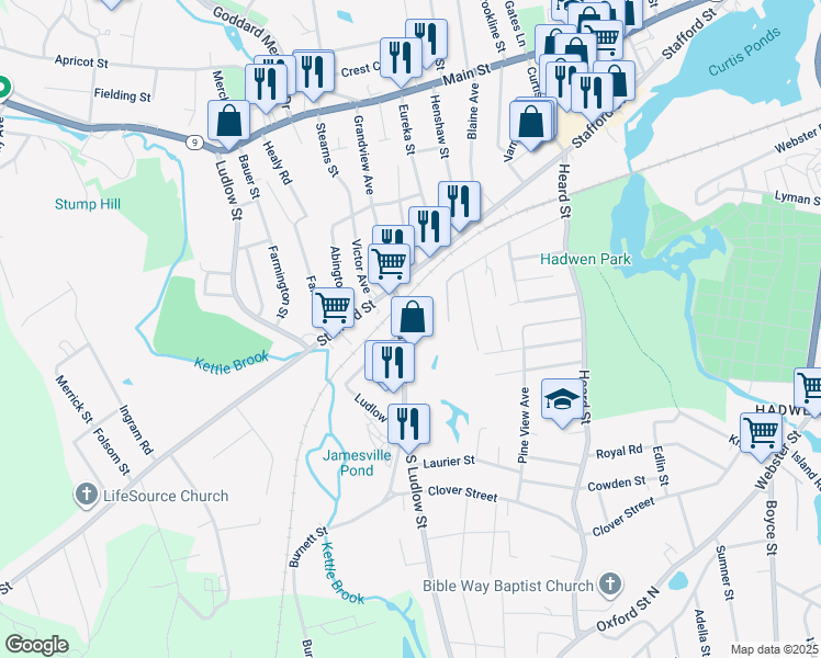 map of restaurants, bars, coffee shops, grocery stores, and more near 40 James Street in Worcester