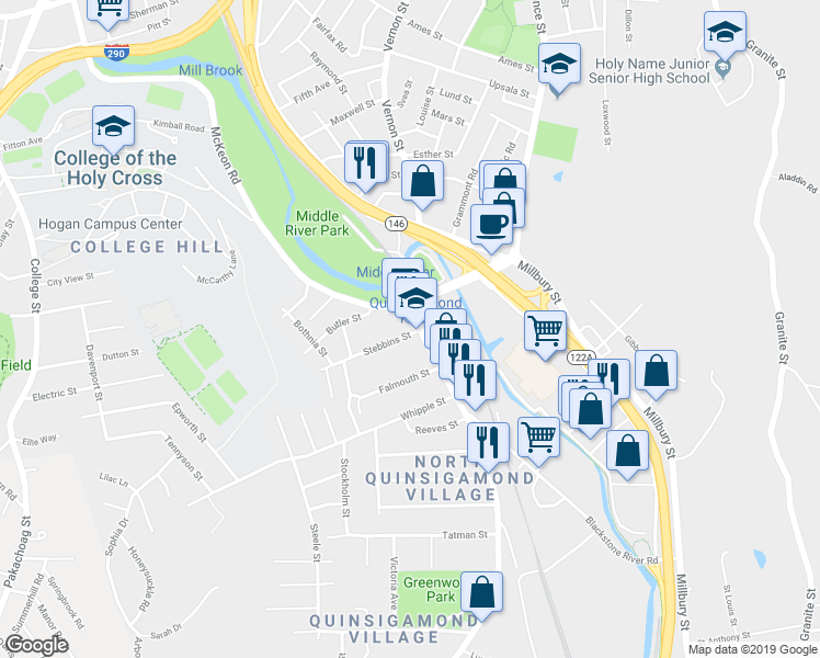 map of restaurants, bars, coffee shops, grocery stores, and more near 8 Blackstone River Road in Worcester