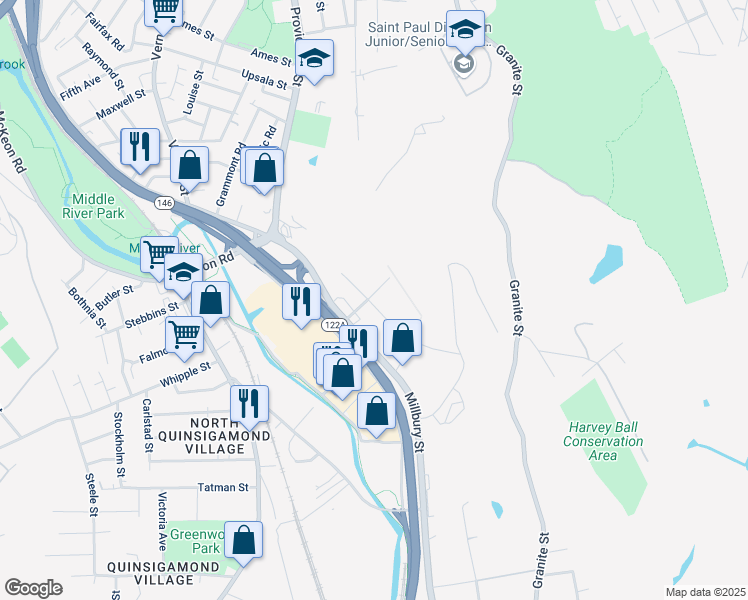 map of restaurants, bars, coffee shops, grocery stores, and more near 3 Gibbs Street in Worcester