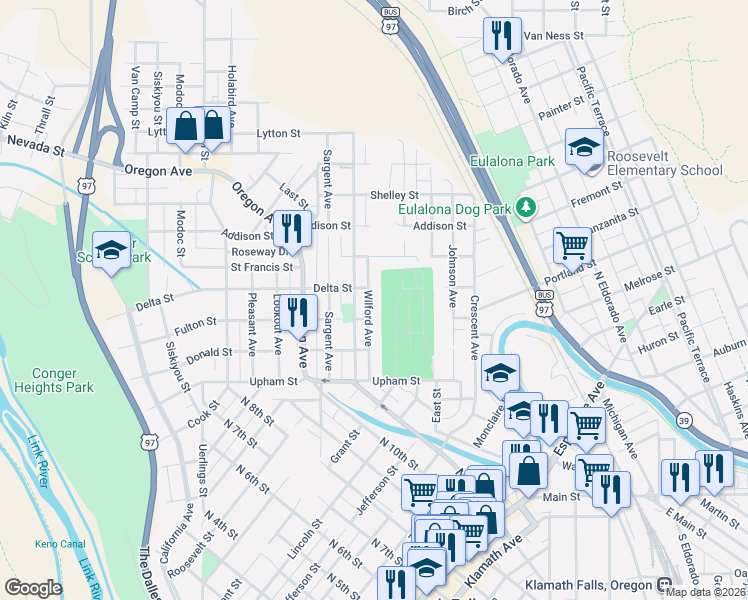 map of restaurants, bars, coffee shops, grocery stores, and more near 1503 Worden Avenue in Klamath Falls