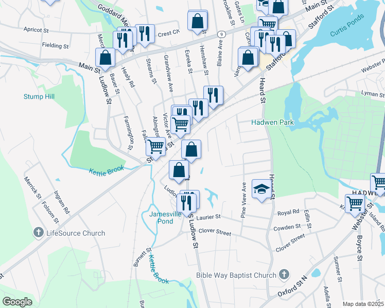 map of restaurants, bars, coffee shops, grocery stores, and more near 49 James Street in Worcester