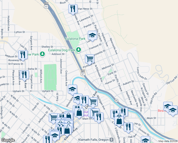 map of restaurants, bars, coffee shops, grocery stores, and more near 741 North Alameda Avenue in Klamath Falls
