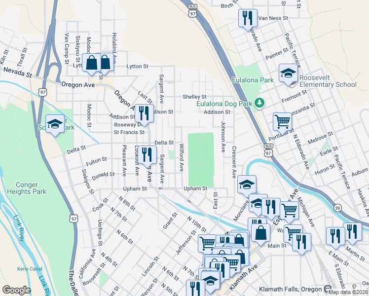 map of restaurants, bars, coffee shops, grocery stores, and more near 1503 Worden Avenue in Klamath Falls