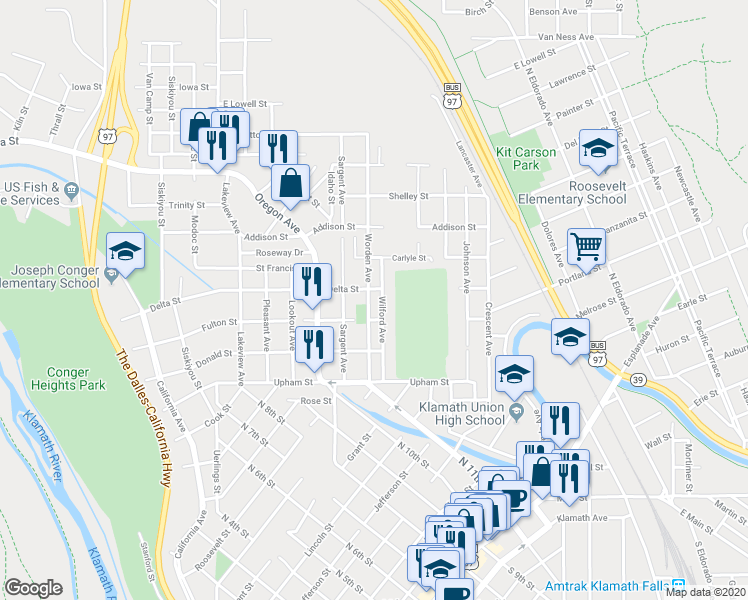 map of restaurants, bars, coffee shops, grocery stores, and more near 1503 Worden Avenue in Klamath Falls