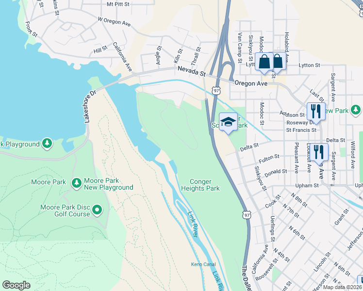 map of restaurants, bars, coffee shops, grocery stores, and more near Link River Trail in Klamath Falls