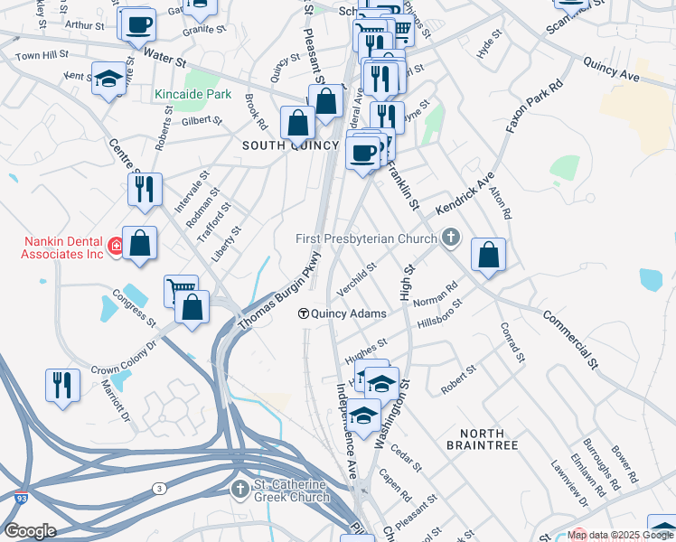 map of restaurants, bars, coffee shops, grocery stores, and more near 107 Verchild Street in Quincy