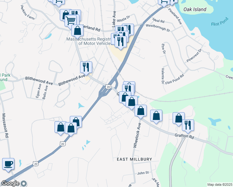 map of restaurants, bars, coffee shops, grocery stores, and more near 3 Stidsen Way in Worcester